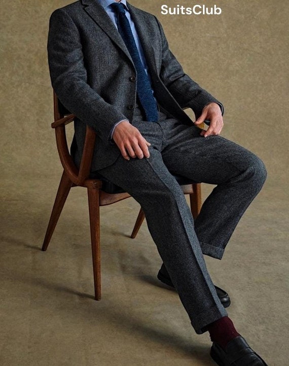 Stylish Gray Herringbone Tweed Wedding Wear Groom Suit