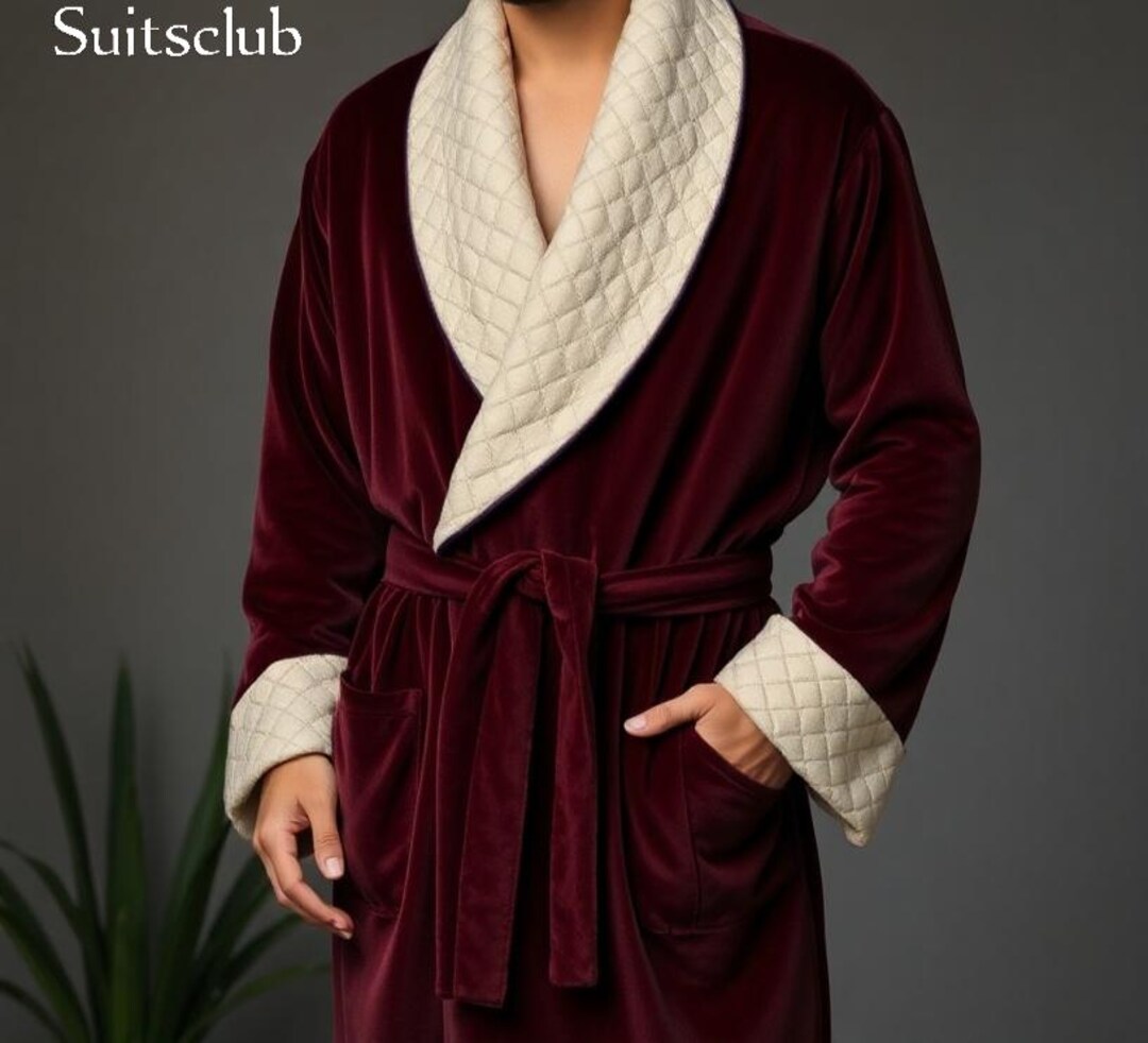 Maroon Velvet Quilted Robe – Plush Smoking Jacket - Etsy