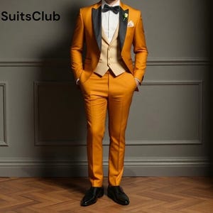 Senf Dreiteiler - Anzug für Männer - Bräutigam Hochzeitskleidung - Geschenk für den Bräutigam - Partykleidung Anzug - Maßgeschneiderter Herrenanzug - Eleganter Herrenanzug - Herrenanzug