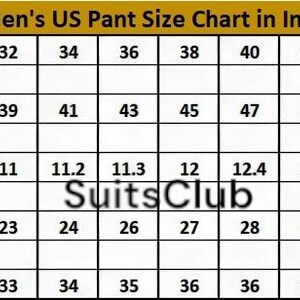 Pu&ograve; includere: Tabella delle taglie dei pantaloni da uomo USA di SuitsClub, in pollici. Mostra le misure di vita, fianchi, cavallo, coscia e interno gamba. Taglie da 28 a 50 pollici (71 a 127 cm) di vita.