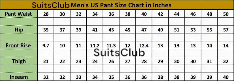 Pu&ograve; includere: Tabella delle taglie dei pantaloni da uomo USA di SuitsClub, in pollici. Mostra le misure di vita, fianchi, cavallo, coscia e interno gamba. Taglie da 28 a 50 pollici (71 a 127 cm) di vita.