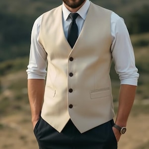Men Beige Bespoke Vest - Wedding Wear Waistcoat - Gift For Man - Grooms Vests