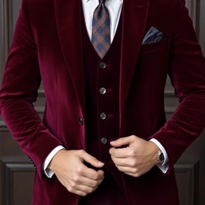Men Maroon Velvet Three Piece Suit - Groom Wedding Wear - Prom Suits