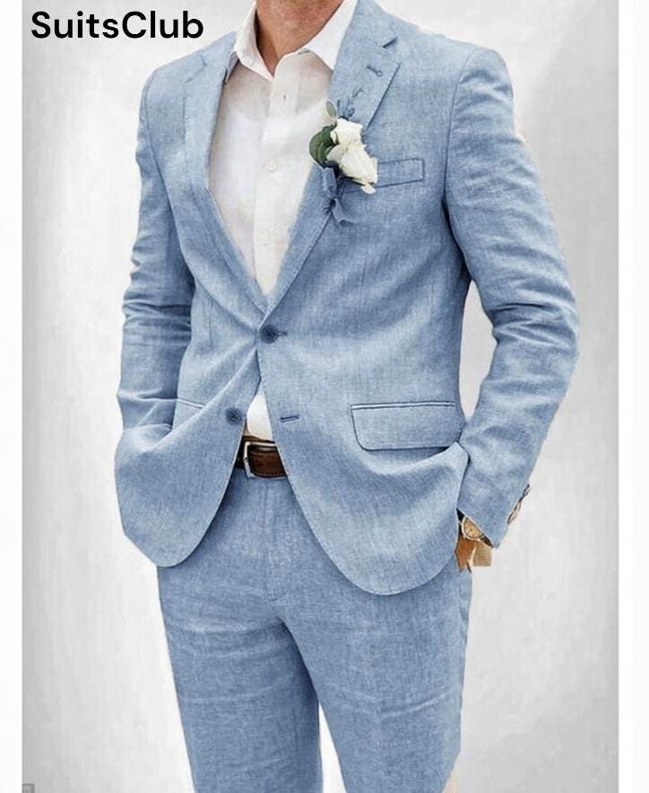 Blue Linen Wedding Suit