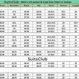 Pu&ograve; includere: Tabella delle taglie di giacche e cappotti da uomo di SuitsClub, in pollici. Mostra le taglie dalla S alla 3XL, con misure di petto, spalle, vita, fianchi, collo, maniche, lunghezza e altezza.