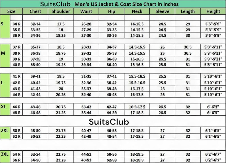Pu&ograve; includere: Tabella delle taglie di giacche e cappotti da uomo di SuitsClub, in pollici. Mostra le taglie dalla S alla 3XL, con misure di petto, spalle, vita, fianchi, collo, maniche, lunghezza e altezza.