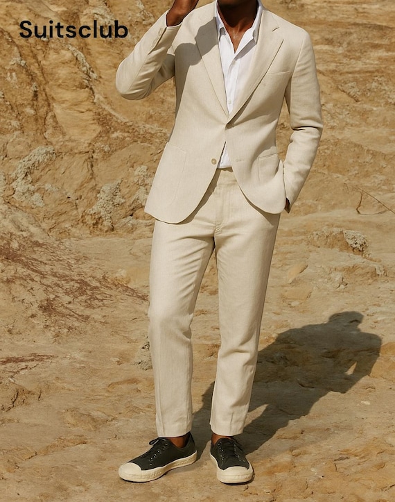 Traje de boda elegante de lino beige a medida Traje de fiesta