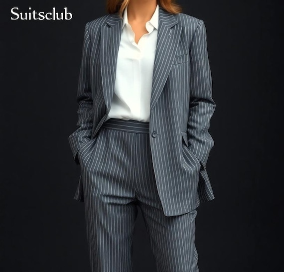 Traje gris para mujer Traje gris a rayas Traje formal para mujer  Vestido de fiesta Chaqueta de fiesta Traje para dama Regalo para hija