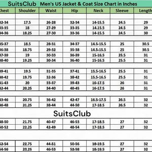 May include: A size chart from SuitsClub for men's US jackets and coats, displaying measurements in inches. The chart includes sizes S to 3XL, with columns for chest, shoulder, waist, hip, neck, sleeve, length, and height.