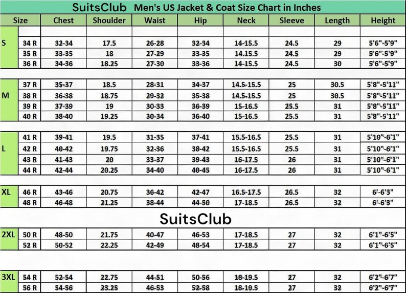 May include: A size chart from SuitsClub for men's US jackets and coats, displaying measurements in inches. The chart includes sizes S to 3XL, with columns for chest, shoulder, waist, hip, neck, sleeve, length, and height.