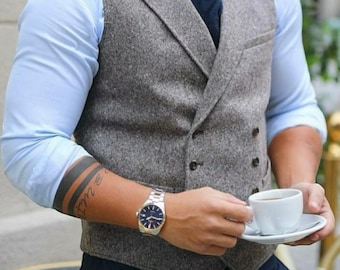 Gray Tweed Bespoke Double Breasted Waistcoat For Men - Vests For Groom Groomsmen