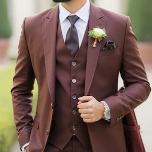 Dark Brown Men Formal Three Piece Suit Wedding Wear Groom Attire - Men&#39;s Clothing