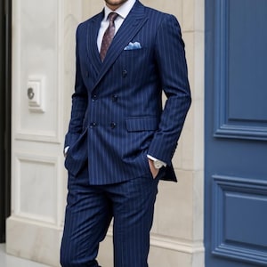 Blue Pin Stripped Wedding Wear Suit - Men Partywear Slim Fit Suits - Men&#39;s Clothing