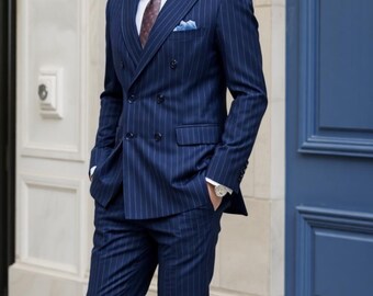 Blue Pin Stripped Wedding Wear Suit - Men Partywear Slim Fit Suits - Men's Clothing