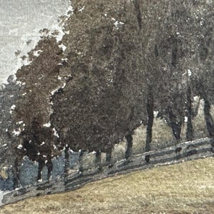 May include: A watercolor painting of a row of trees in a dark gray and brown color scheme. The trees are silhouetted against a light gray sky. The ground is a light brown color.