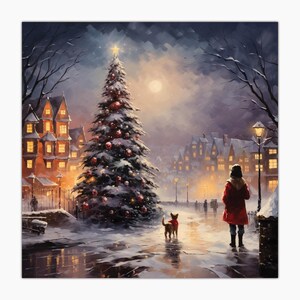 Glückwunschkarte, Weihnachten, Karte, Merry Christmas, Buon Natale, Abendspaziergang, Mädchen, Weihnachtsbaum, Cane, Chien, Dog, Hund, Perro