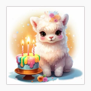 Geburtstagskarte - Entzückendes Baby Lama mit Torte und Kerzen - Hochwertiger Druck auf mattem Papier mit Couvert - Glückwünsche