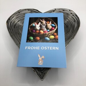 Osterkarte Frohe Ostern – Klappkarte mit Umschlag – süsse Kaninchen und Ostereiern Design – Frühlingsgruss – Hochwertige Grusskarte