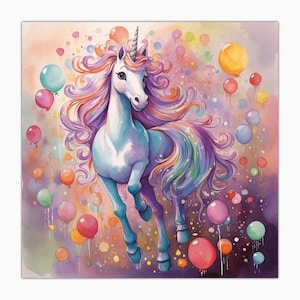 Geburtstagskarte - Einhorn mit glitzernder Regenbogenmähne und Luftballons - Hochwertiger Druck auf mattem Papier mit Couvert - Glückwünsche