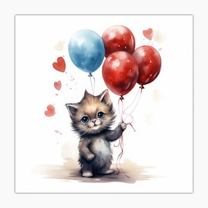 Geburtstagskarte - Süsse Katze mit bunten Luftballons - Hochwertiger Druck auf mattem Papier mit Couvert - Abenteuer - Glückwünsche
