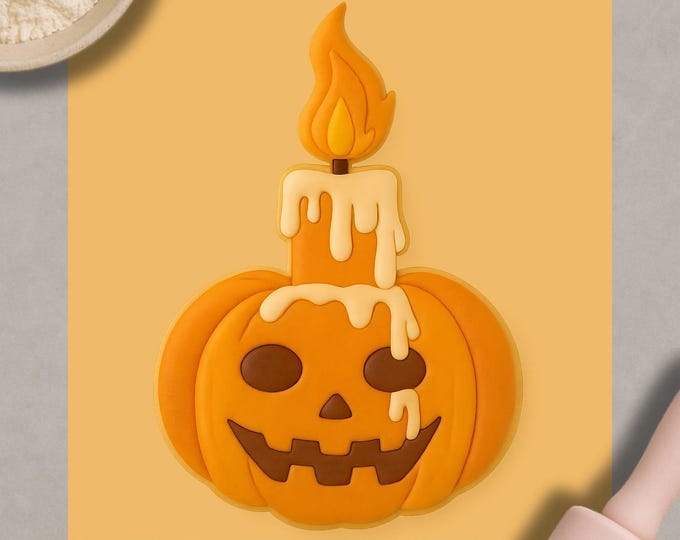 Pumpkin Candle Cookie Cutter with Fondant Embosser – Spooky Jack O’Lantern Halloween Baking Tool