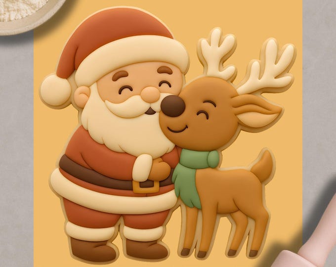 Santa & Reindeer Hug Cookie Cutter – Christmas Holiday Baking Mold