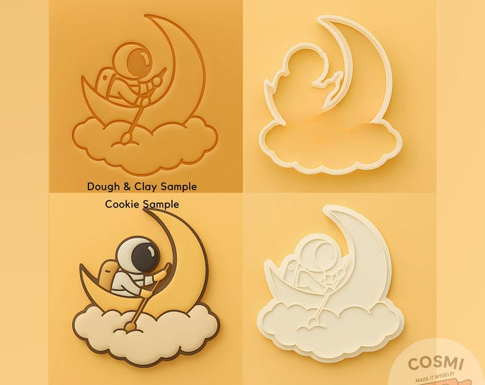 Astronaut on Moon Cookie Cutter - Space Cloud Cookies - Celestial Embosser Stamp