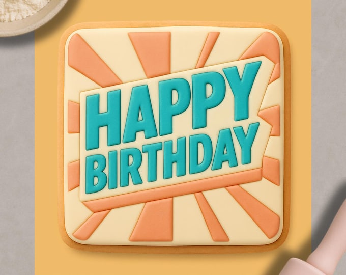 Happy Birthday Text Cookie Cutter & Stamp | Retro Lettering Embosser | Birthday Fondant Mold | Party Baking Tool | 3D Printed Biscuit Stamp