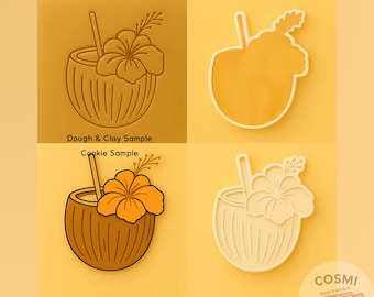Tagliabiscotti a forma di cocktail al cocco - Biscotti a forma di bevanda tropicale - Timbro in rilievo all'ibisco