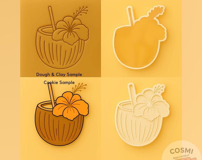 Coconut Cocktail Cookie Cutter - Tropical Drink Cookies - Hibiscus Embosser Stamp