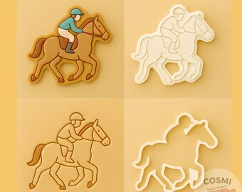 Cortador de galletas y sello de relieve con diseño de carreras de caballos para galletas de fiesta ecuestre.