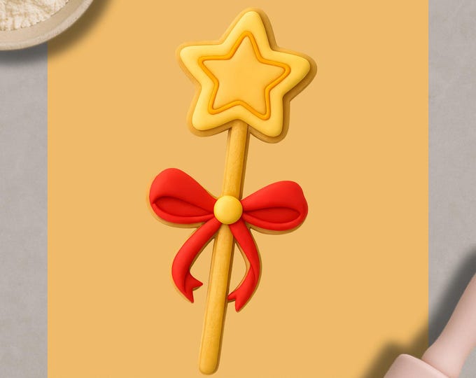 Magic Wand Cookie Cutter & Fondant Embosser – Star with Bow Design