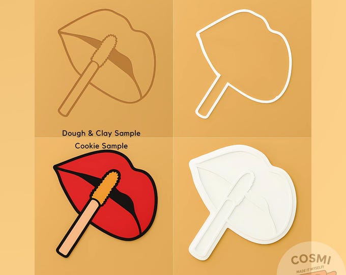 Lipstick Kiss Cookie Cutter – Lip and Mascara Embosser – Makeup Themed Cookie Stamp