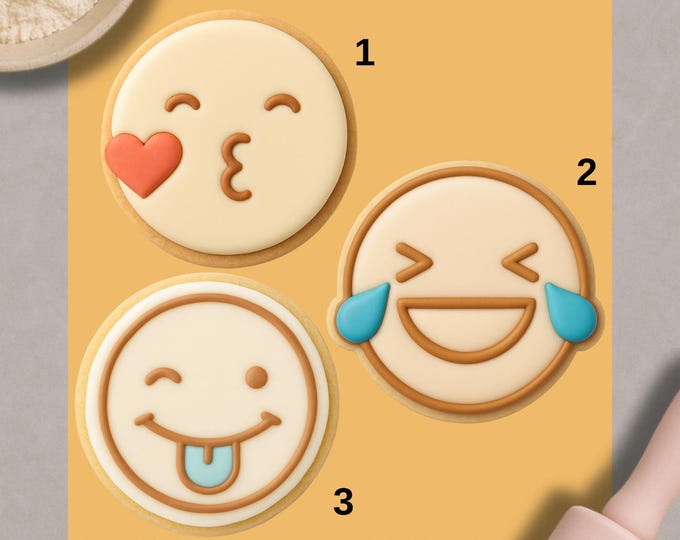 Emoji Face Cookie Cutter Set | Smiley Biscuit Embosser | Round Emoji Cookie Stamp | Fondant Decorating Tool | Party Baking | 3D Printed
