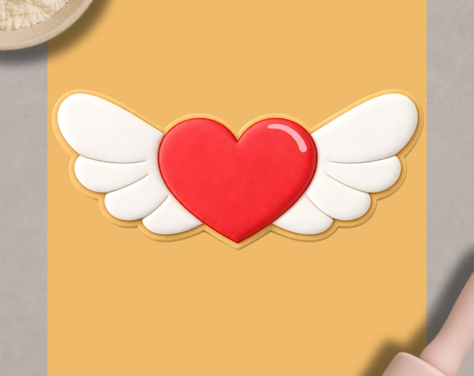 Winged Heart Cookie Cutter & Embosser | Love Heart with Wings Biscuit Stamp | Wedding Anniversary Fondant Baking Tool