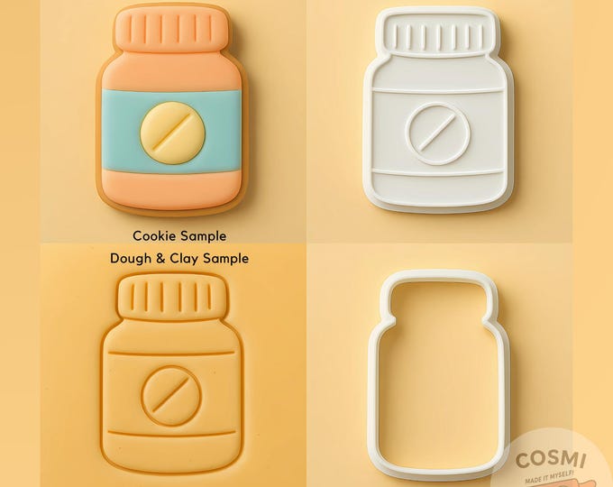 Medicine Bottle Cookie Cutter and Embossing Stamp for Health-Themed Cookies