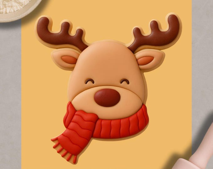 Reindeer Face Cookie Cutter with Fondant Embosser – Christmas Holiday Baking Tool