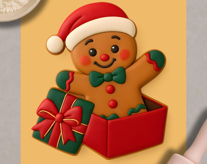 Gingerbread Boy in Gift Box Cookie Cutter – Christmas Holiday Cookie Mold