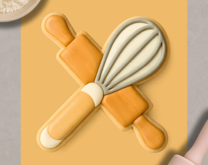 Rolling Pin & Whisk Cookie Cutter – Baking Tool Icon, Fondant Embosser