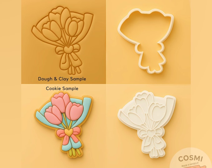 Tulip Bouquet Cookie Cutter - Floral Gift Cookies - Bouquet Embosser Stamp