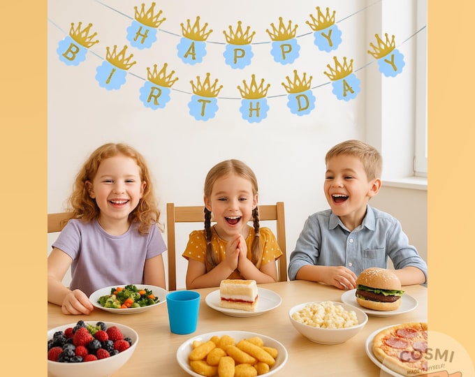 Blue and Gold Crown Birthday Banner: Royal Prince Party Decoration