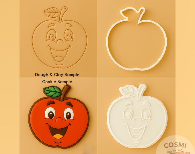 Smiling Apple Cookie Cutter - Fruit Face Cookies - Apple Embosser Stamp