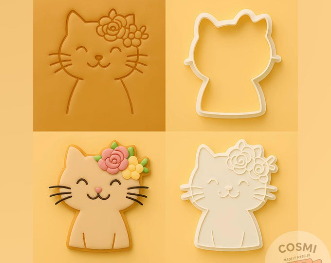 Flower Cat Cookie Cutter - Birthday Party Kitty Cookies - Floral Cat Embosser Stamp