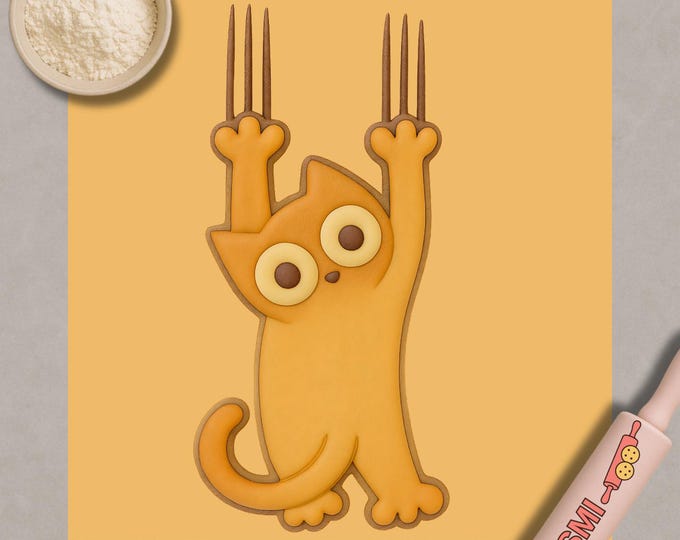 Scratching Cat Cookie Cutter & Fondant Embosser: Playful Cat Design