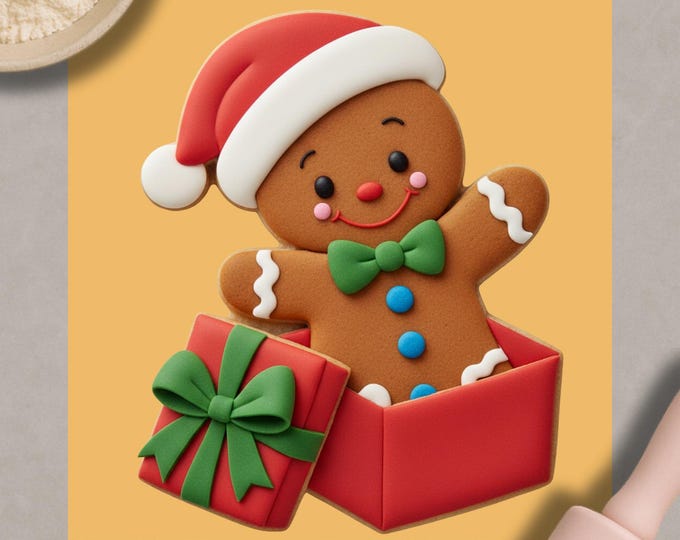 Gingerbread Man in Gift Box Cookie Cutter, Christmas Biscuit Stamp