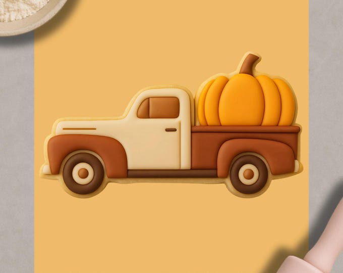 Pumpkin Truck Cookie Cutter & Fondant Embosser - Fall Harvest Baking Tool