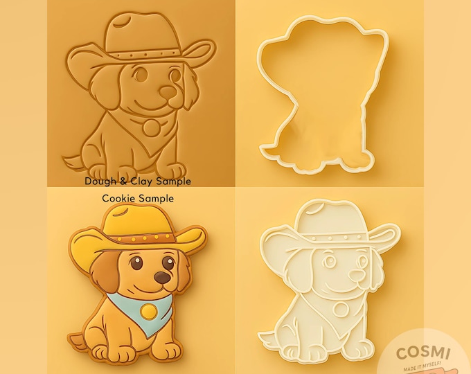 Cowboy Dog Cookie Cutter - Western Puppy Cookies - Dog Embosser Stamp