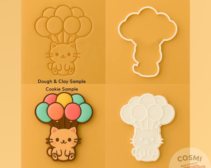 Balloon Cat Cookie Cutter - Floating Kitty Cookies - Balloon Embosser Stamp