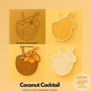 Coconut Cocktail Cookie Cutter - Tropical Drink Cookies - Hibiscus Embosser Stamp