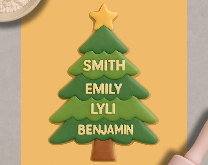 Custom Family Christmas Tree Cookie Cutter – Personalized Name Holiday Baking Mold